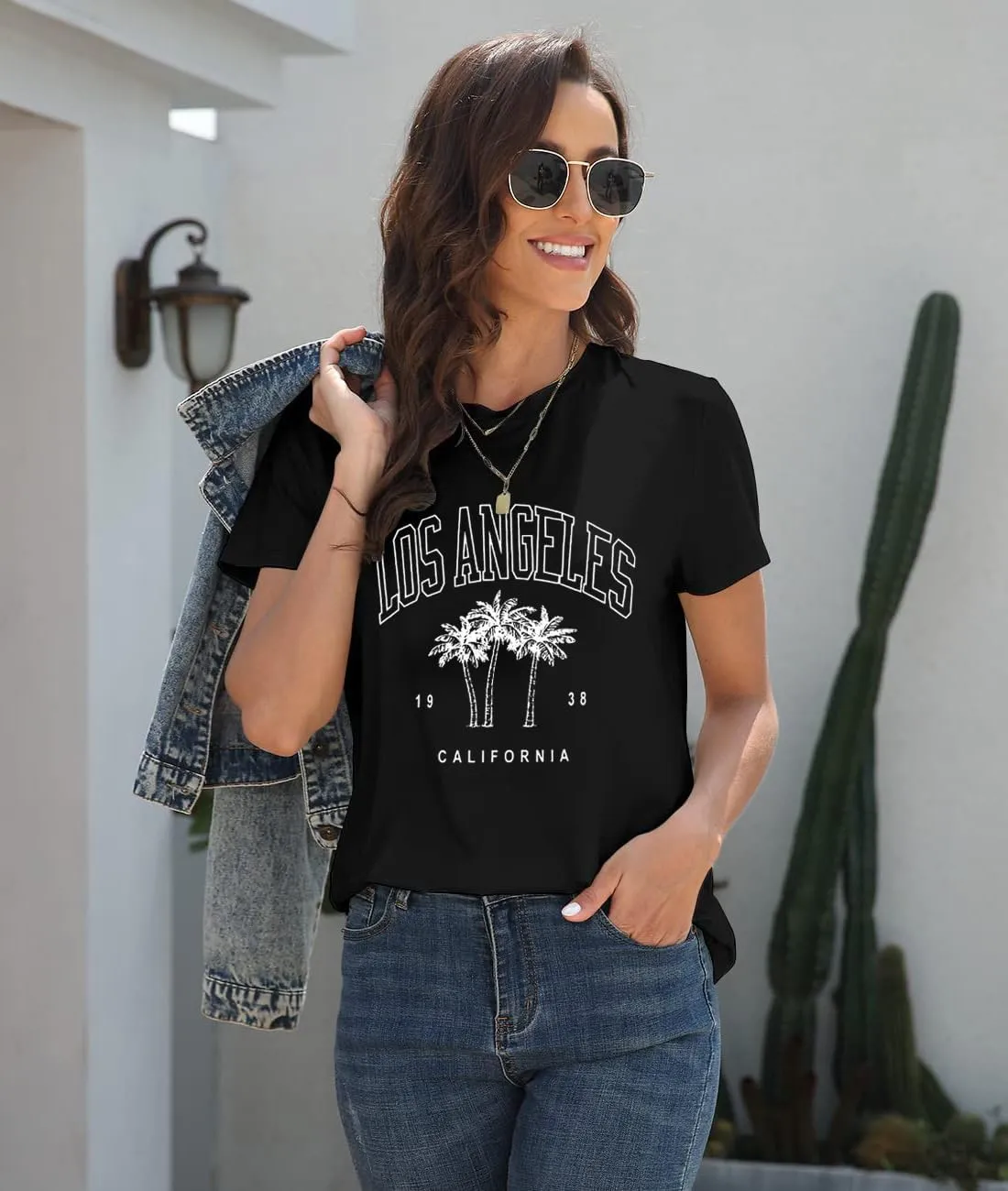 Womens Los Angeles California T-Shirts Summer Beach Cute Printed Short Sleeve Cotton Casual Graphic Tee Tops
