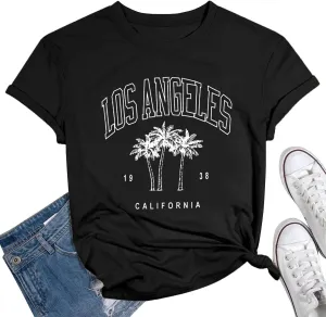 Womens Los Angeles California T-Shirts Summer Beach Cute Printed Short Sleeve Cotton Casual Graphic Tee Tops