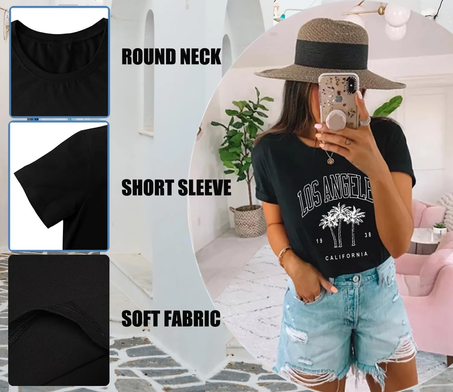 Womens Los Angeles California T-Shirts Summer Beach Cute Printed Short Sleeve Cotton Casual Graphic Tee Tops