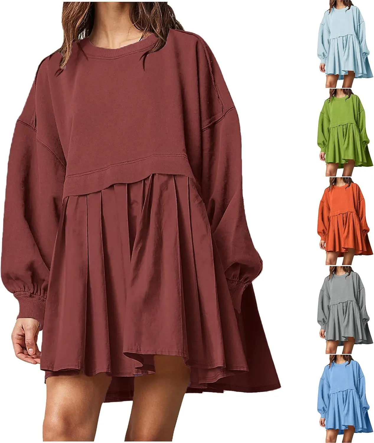 Womens Mini Sweatshirt Dress Oversized Patchwork Color Block Pleated Dresses Long Sleeve Crewneck Pullover Tops