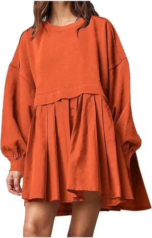 Womens Mini Sweatshirt Dress Oversized Patchwork Color Block Pleated Dresses Long Sleeve Crewneck Pullover Tops