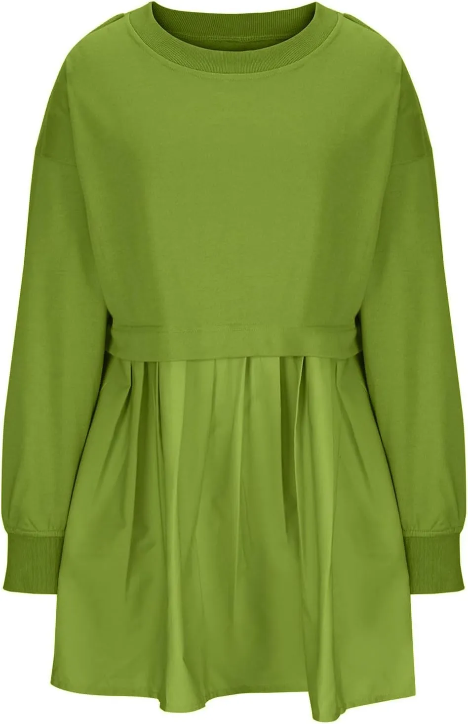Womens Mini Sweatshirt Dress Oversized Patchwork Color Block Pleated Dresses Long Sleeve Crewneck Pullover Tops