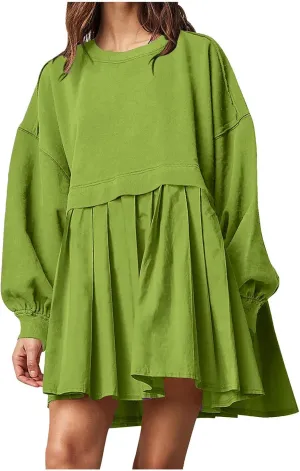 Womens Mini Sweatshirt Dress Oversized Patchwork Color Block Pleated Dresses Long Sleeve Crewneck Pullover Tops