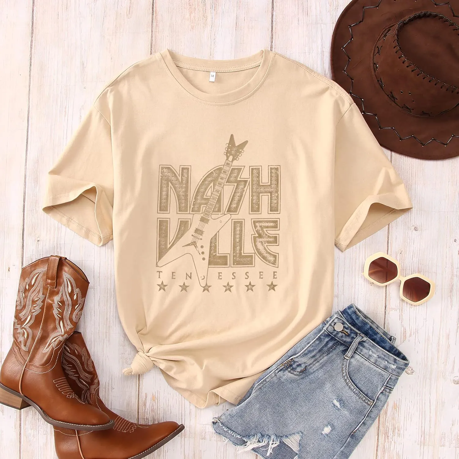 Womens Nashville Tennessee Oversized T Shirt Bass Guitar Graphic Tee Country Concert Vintage Bleached Loose Tops