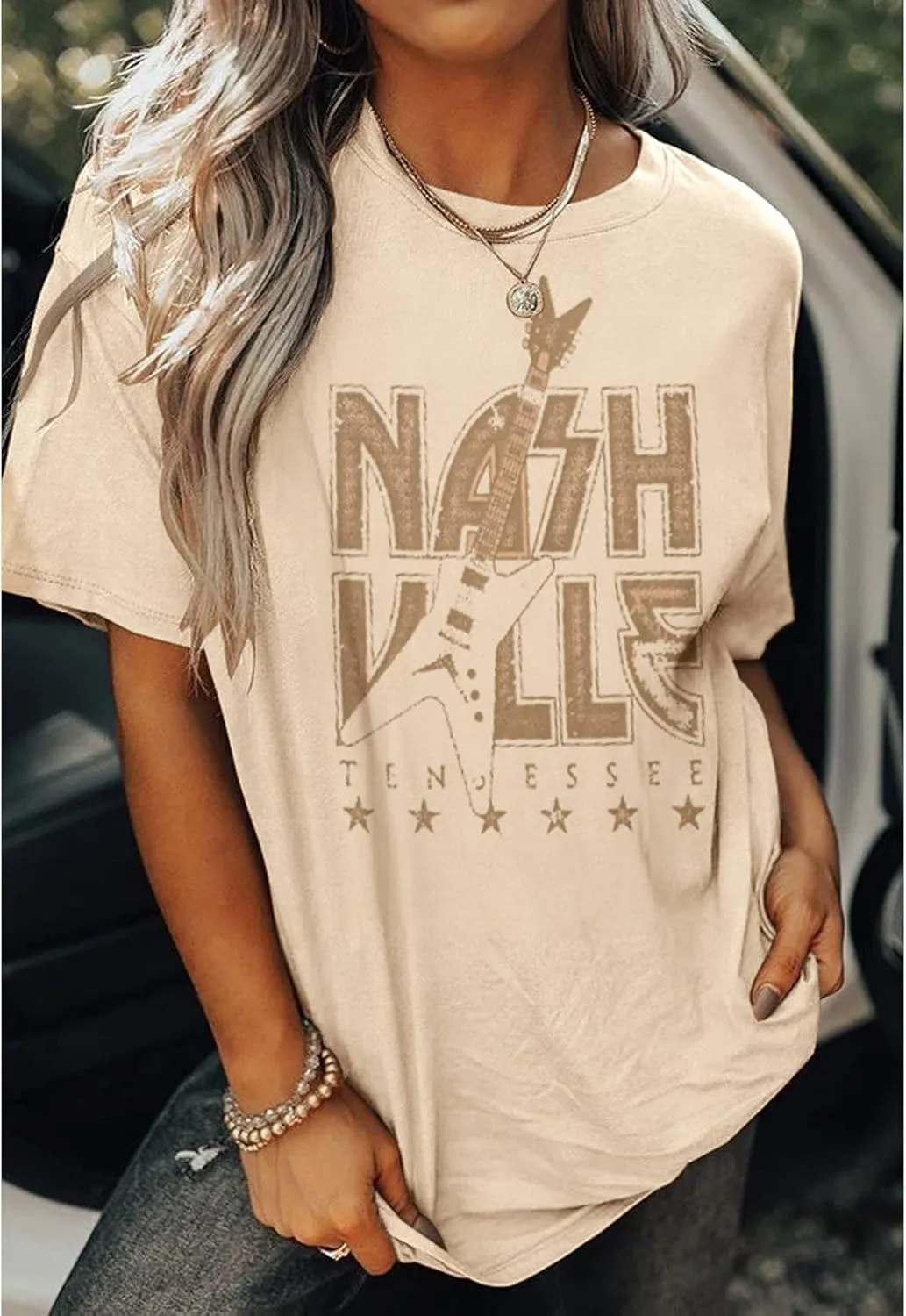 Womens Nashville Tennessee Oversized T Shirt Bass Guitar Graphic Tee Country Concert Vintage Bleached Loose Tops