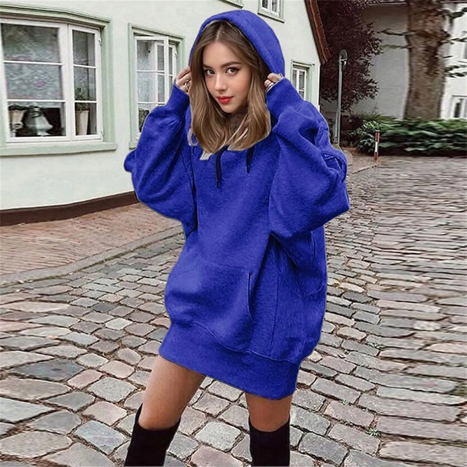 Womens Oversized Hoodies Dress 2024 Fall Casual Loose Long Sleeve Sweatshirt Trendy Hooded Pullover Tops Y2K Clothes
