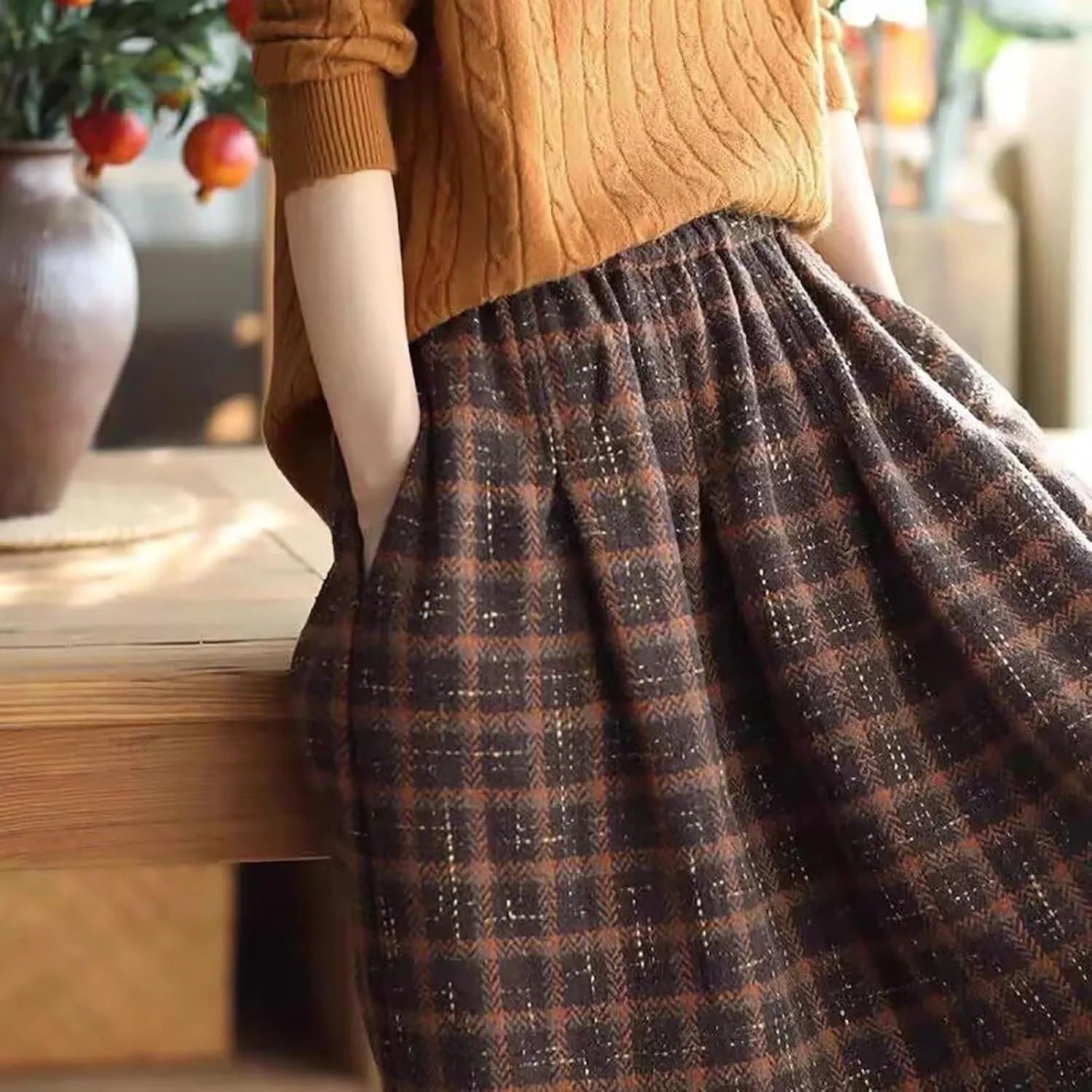 Womens Plaid Wool Skirts Winter Fall Warm High Elastic Waist A line Flared Pleated Wool Tartan Skirts