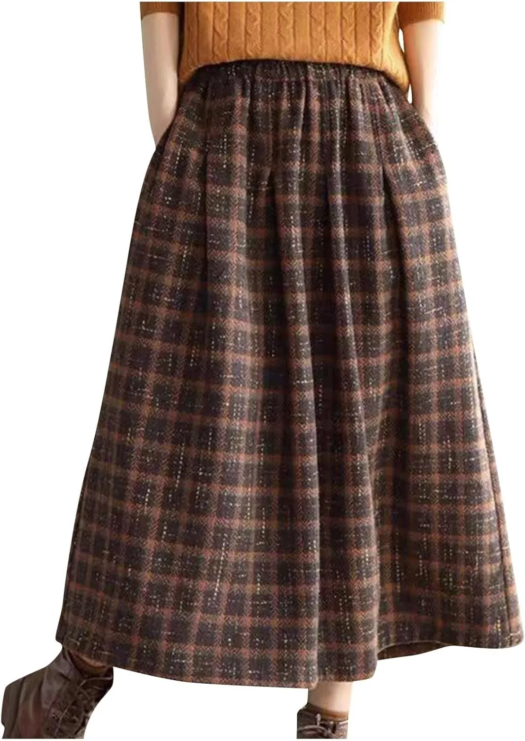 Womens Plaid Wool Skirts Winter Fall Warm High Elastic Waist A line Flared Pleated Wool Tartan Skirts