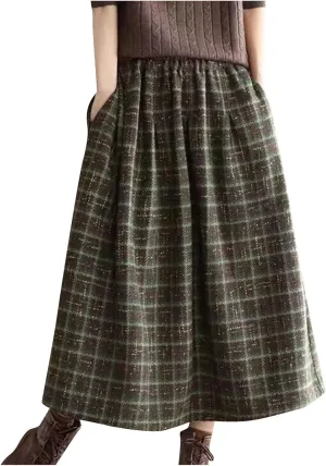 Womens Plaid Wool Skirts Winter Fall Warm High Elastic Waist A line Flared Pleated Wool Tartan Skirts