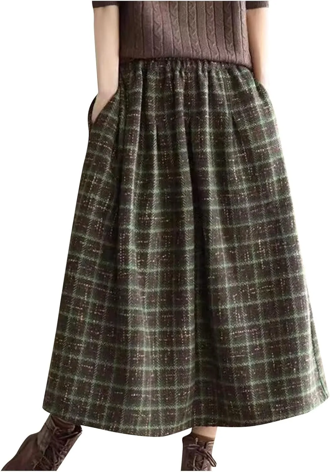 Womens Plaid Wool Skirts Winter Fall Warm High Elastic Waist A line Flared Pleated Wool Tartan Skirts