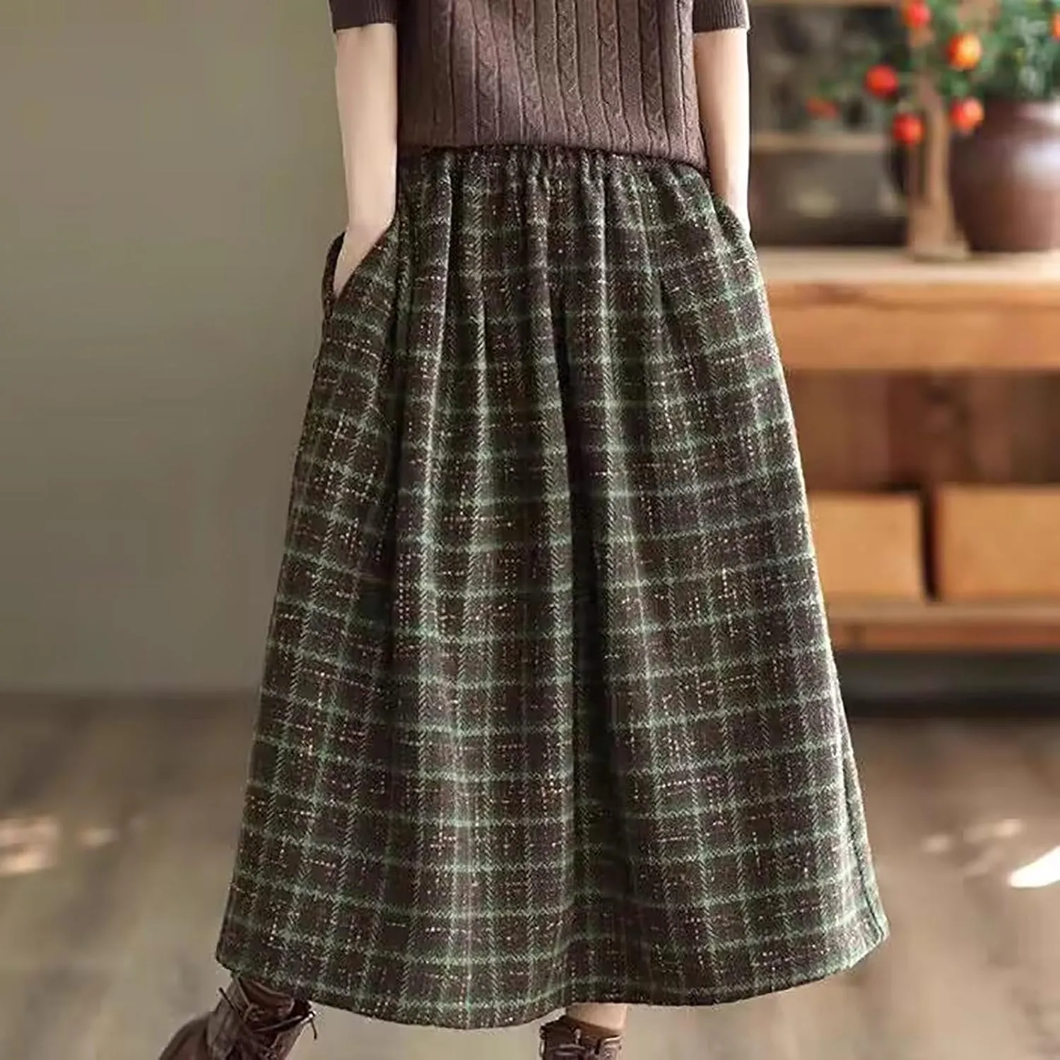 Womens Plaid Wool Skirts Winter Fall Warm High Elastic Waist A line Flared Pleated Wool Tartan Skirts