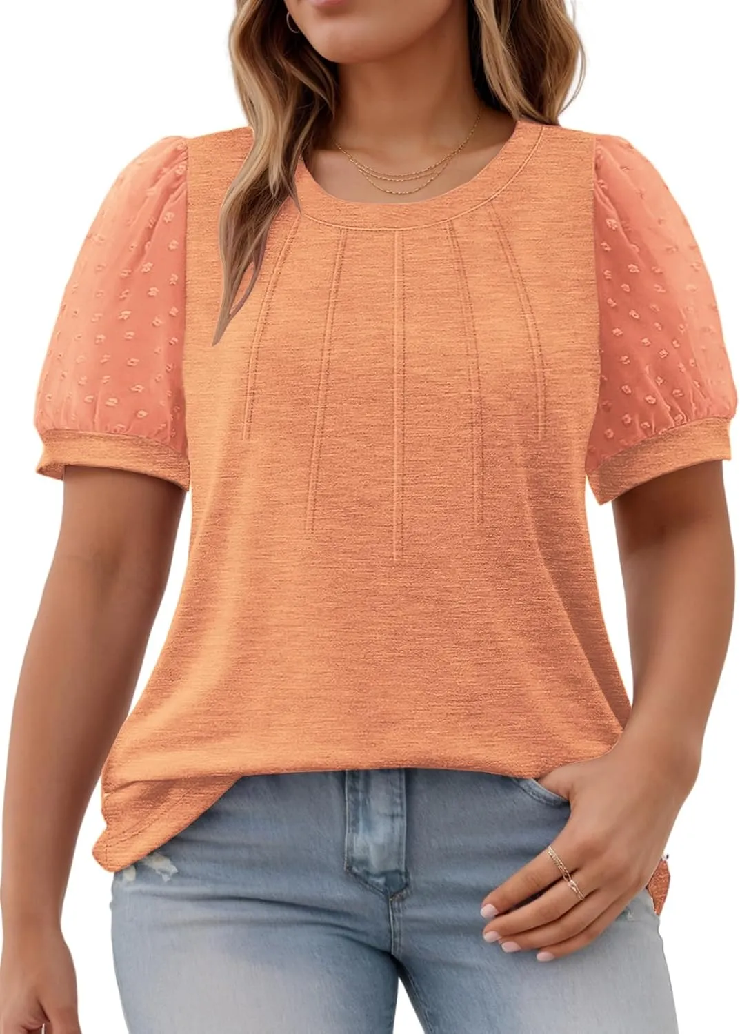 Womens-Plus-Size-Summer-Tops Dressy Dotted Puff Sheer Short Sleeve T Shirts Trendy Pleated Blouses Cute Casual Tunics