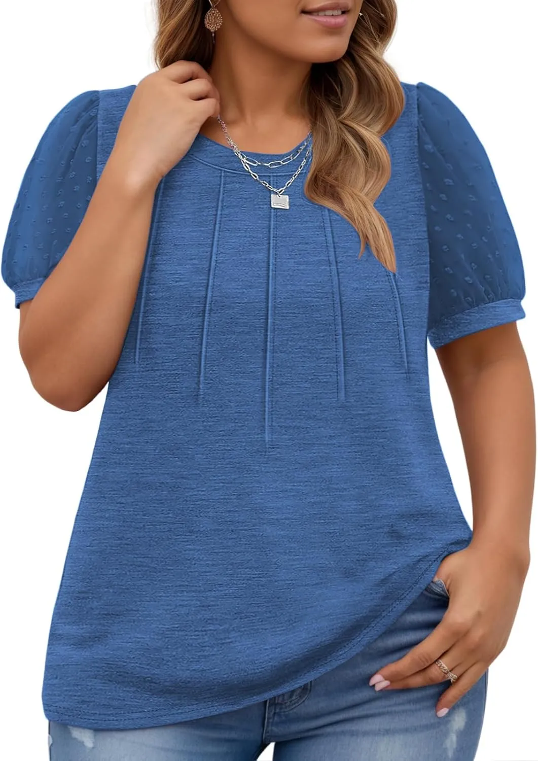 Womens-Plus-Size-Summer-Tops Dressy Dotted Puff Sheer Short Sleeve T Shirts Trendy Pleated Blouses Cute Casual Tunics