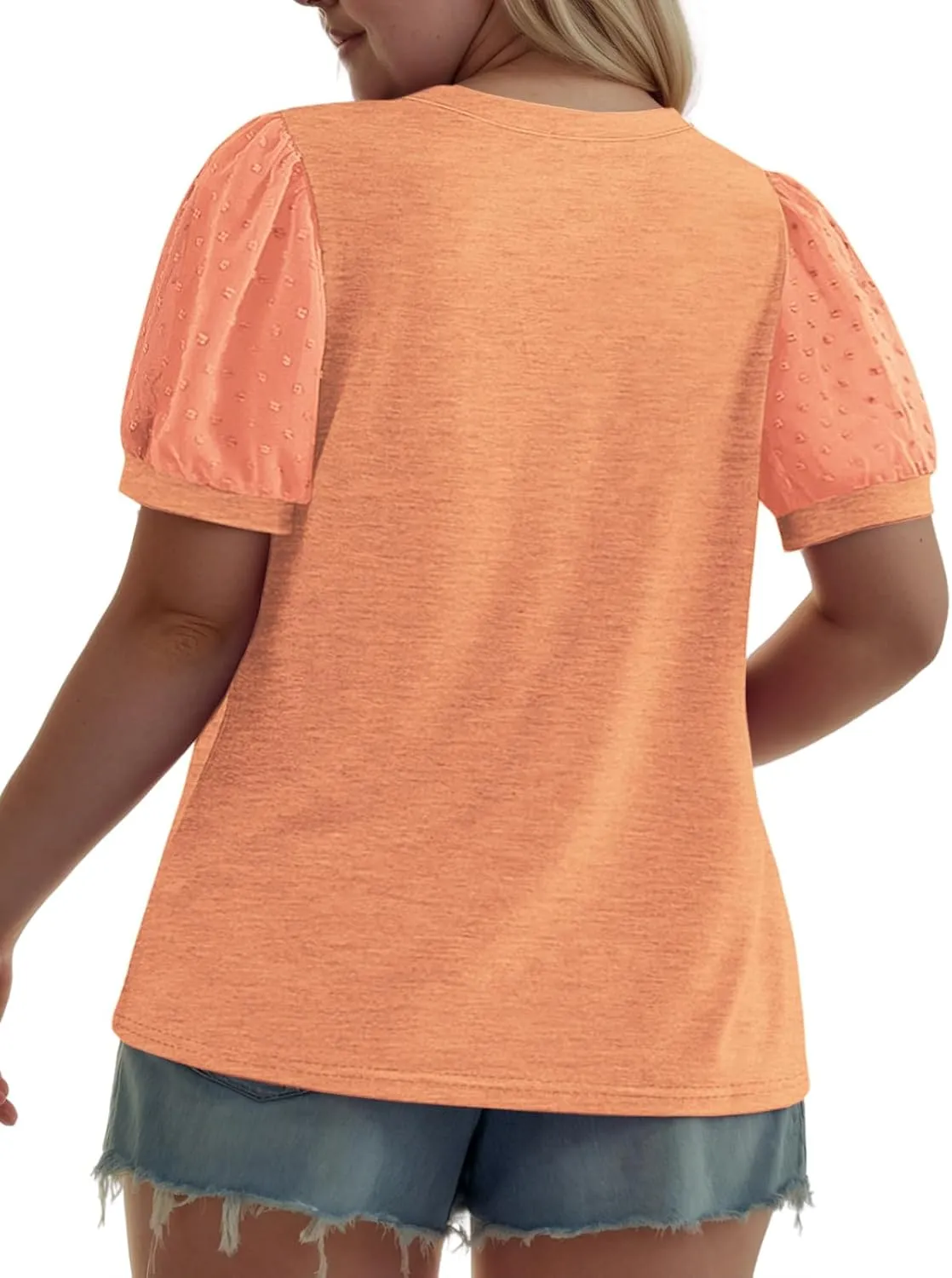 Womens-Plus-Size-Summer-Tops Dressy Dotted Puff Sheer Short Sleeve T Shirts Trendy Pleated Blouses Cute Casual Tunics
