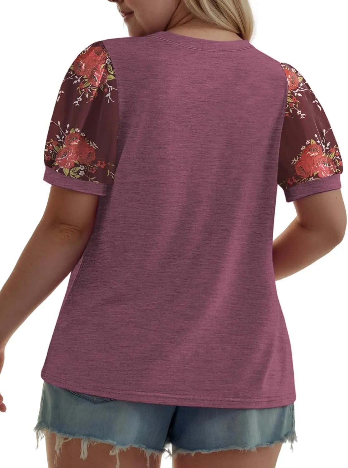 Womens-Plus-Size-Summer-Tops Dressy Dotted Puff Sheer Short Sleeve T Shirts Trendy Pleated Blouses Cute Casual Tunics