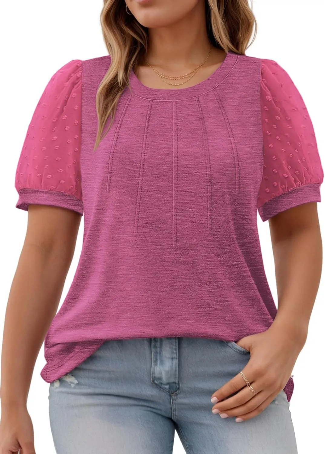 Womens-Plus-Size-Summer-Tops Dressy Dotted Puff Sheer Short Sleeve T Shirts Trendy Pleated Blouses Cute Casual Tunics