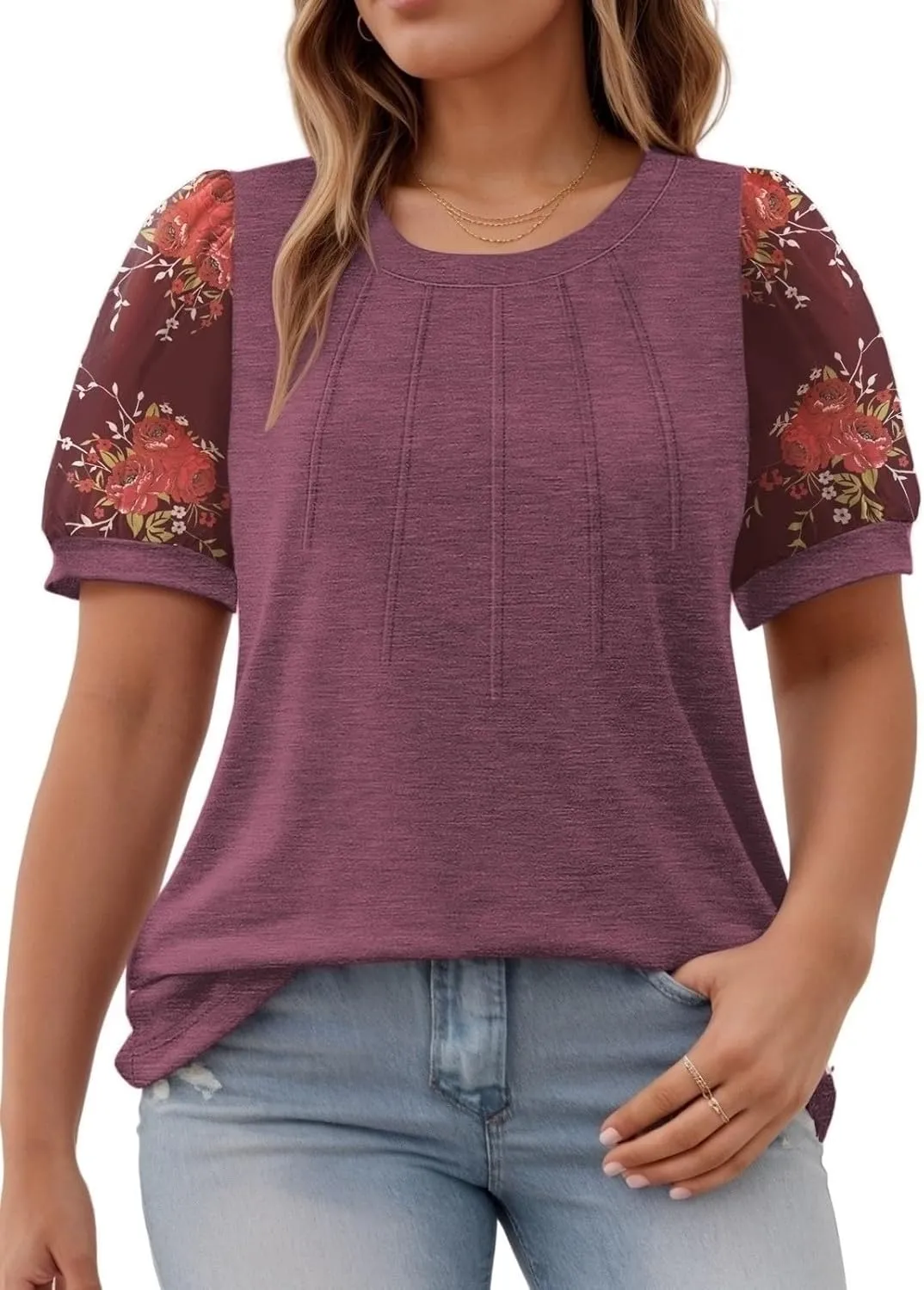 Womens-Plus-Size-Summer-Tops Dressy Dotted Puff Sheer Short Sleeve T Shirts Trendy Pleated Blouses Cute Casual Tunics