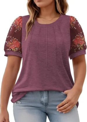 Womens-Plus-Size-Summer-Tops Dressy Dotted Puff Sheer Short Sleeve T Shirts Trendy Pleated Blouses Cute Casual Tunics