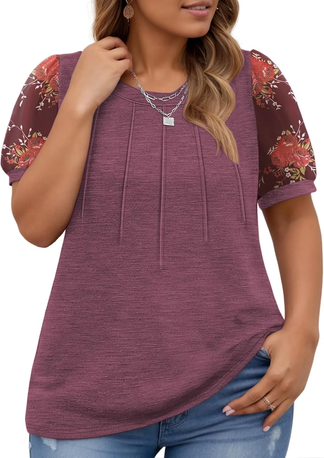 Womens-Plus-Size-Summer-Tops Dressy Dotted Puff Sheer Short Sleeve T Shirts Trendy Pleated Blouses Cute Casual Tunics