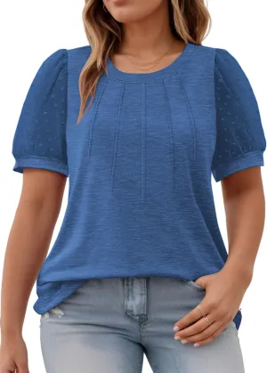 Womens-Plus-Size-Summer-Tops Dressy Dotted Puff Sheer Short Sleeve T Shirts Trendy Pleated Blouses Cute Casual Tunics