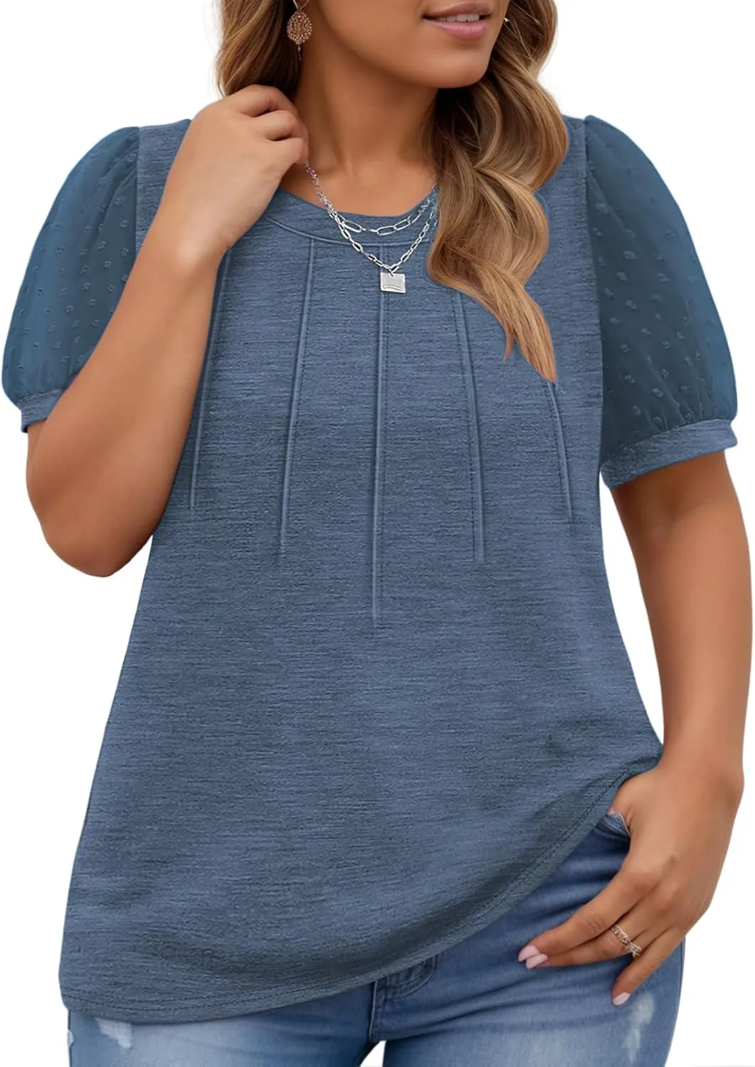 Womens-Plus-Size-Summer-Tops Dressy Dotted Puff Sheer Short Sleeve T Shirts Trendy Pleated Blouses Cute Casual Tunics