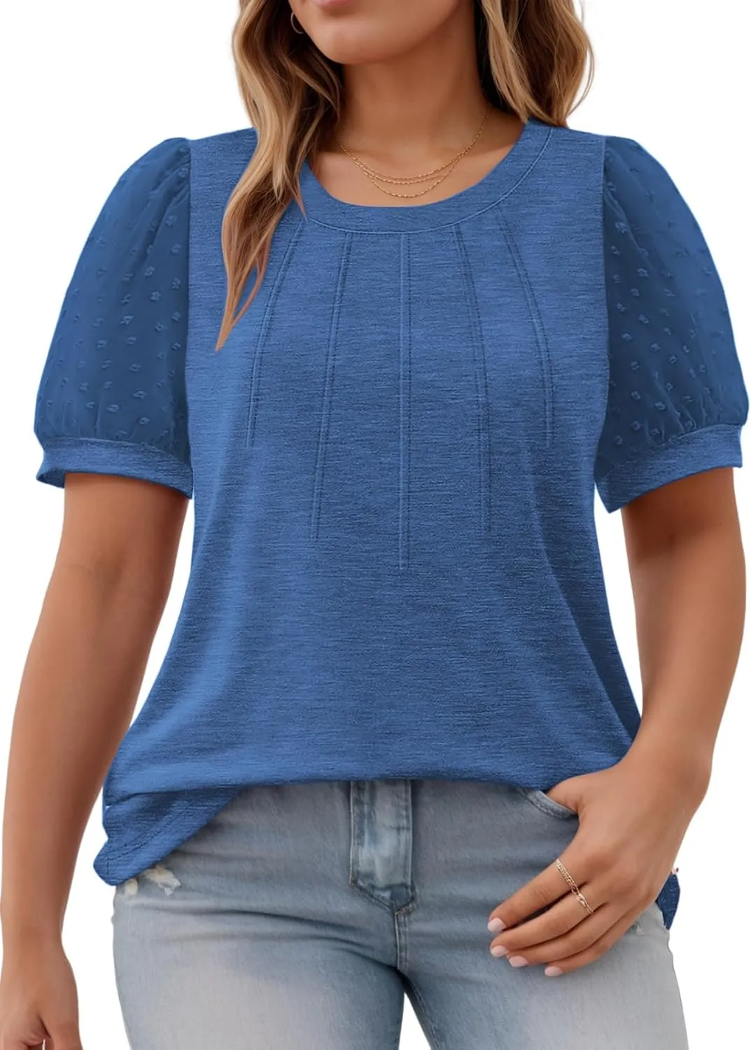 Womens-Plus-Size-Summer-Tops Dressy Dotted Puff Sheer Short Sleeve T Shirts Trendy Pleated Blouses Cute Casual Tunics