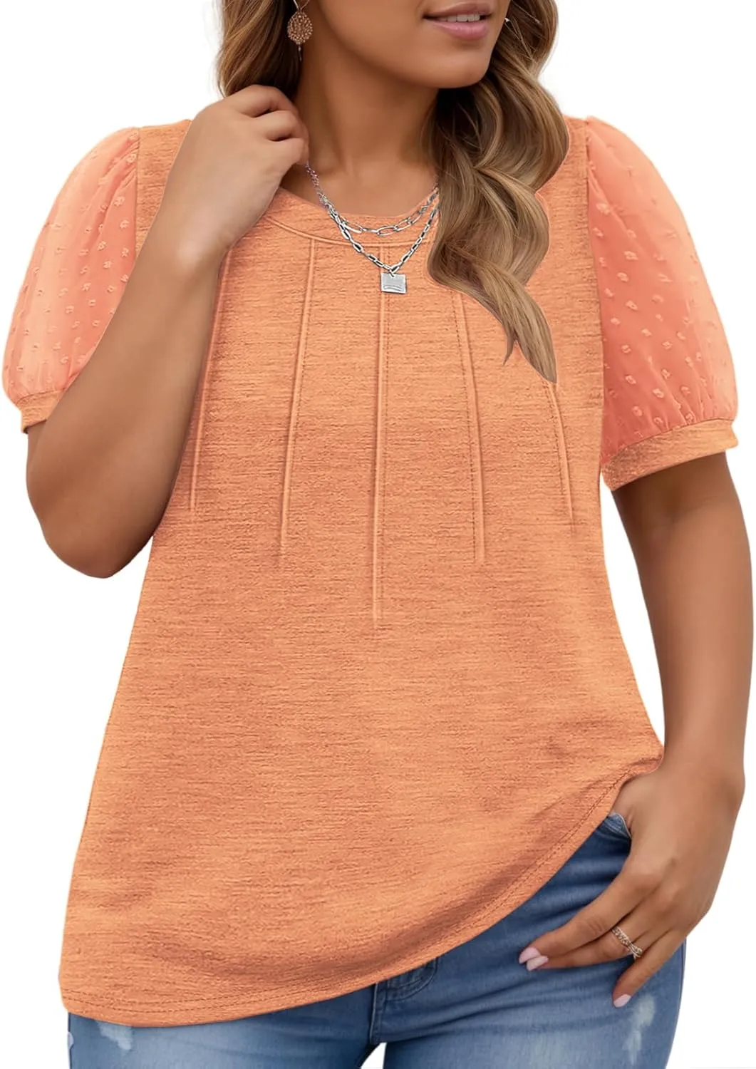 Womens-Plus-Size-Summer-Tops Dressy Dotted Puff Sheer Short Sleeve T Shirts Trendy Pleated Blouses Cute Casual Tunics