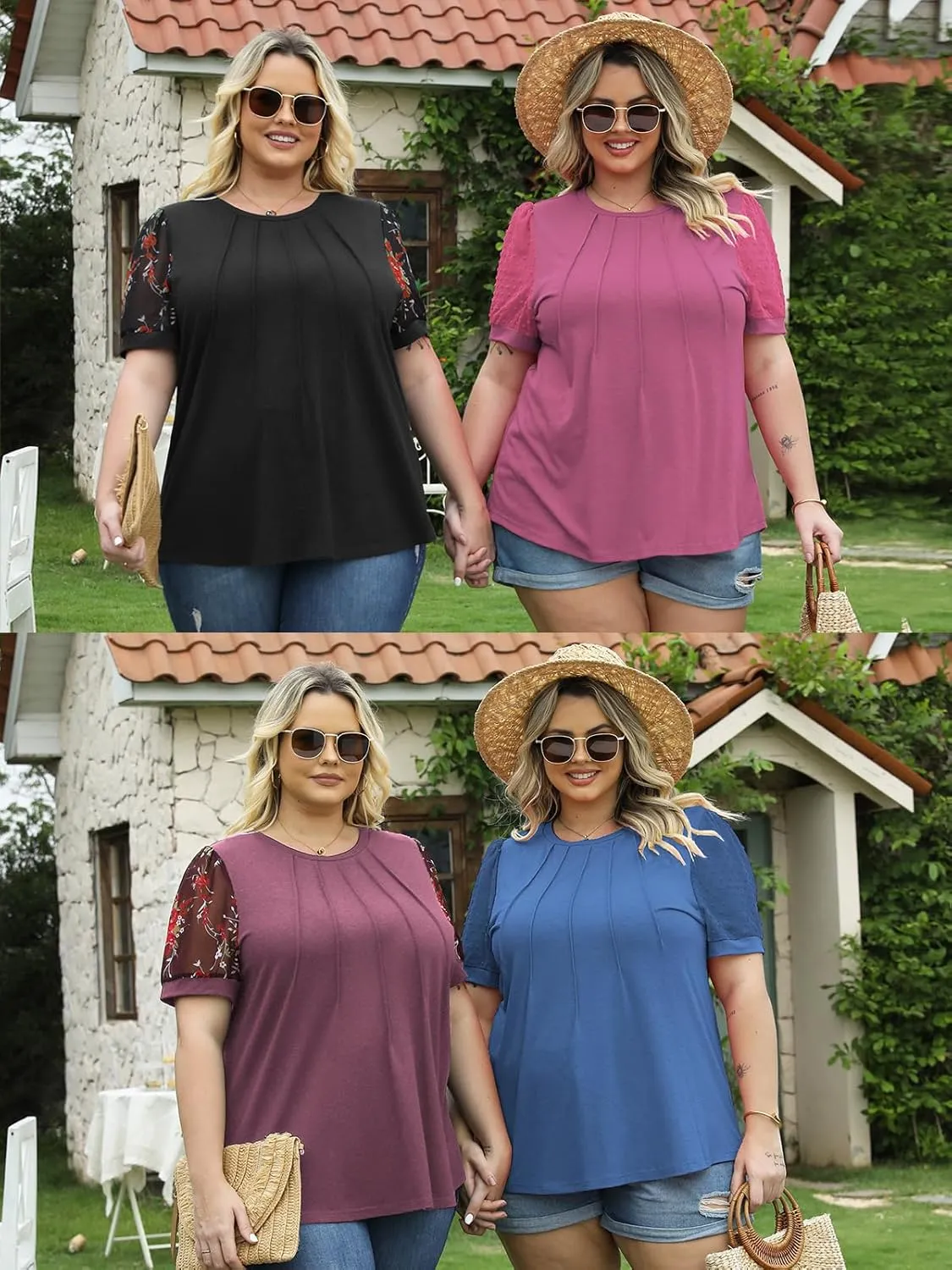 Womens-Plus-Size-Summer-Tops Dressy Dotted Puff Sheer Short Sleeve T Shirts Trendy Pleated Blouses Cute Casual Tunics