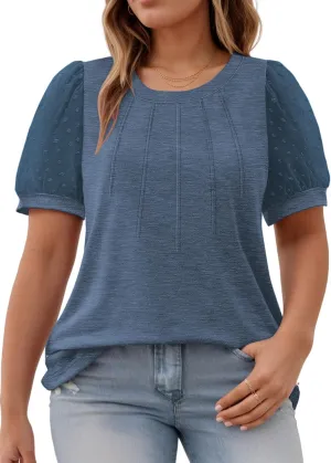 Womens-Plus-Size-Summer-Tops Dressy Dotted Puff Sheer Short Sleeve T Shirts Trendy Pleated Blouses Cute Casual Tunics