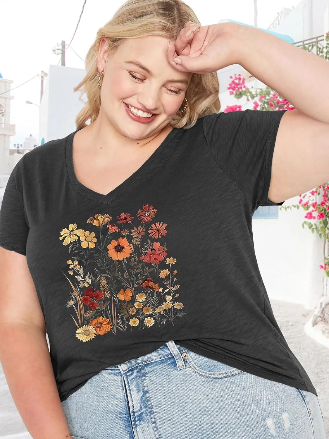 Womens Plus Size Tops Boho Floral Short Sleeve V Neck T-Shirt Casual Summer Wildflower Graphic Tees