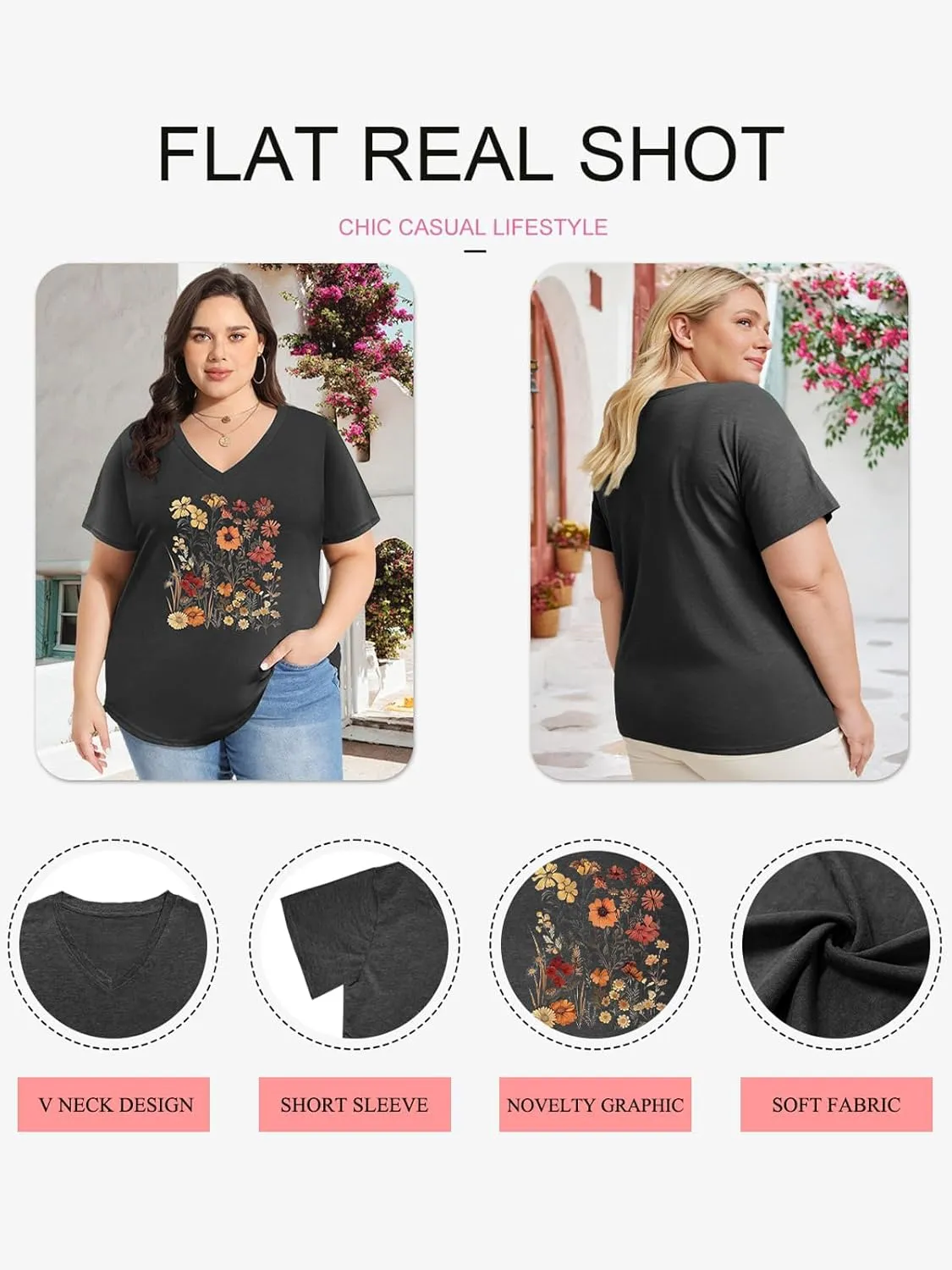 Womens Plus Size Tops Boho Floral Short Sleeve V Neck T-Shirt Casual Summer Wildflower Graphic Tees
