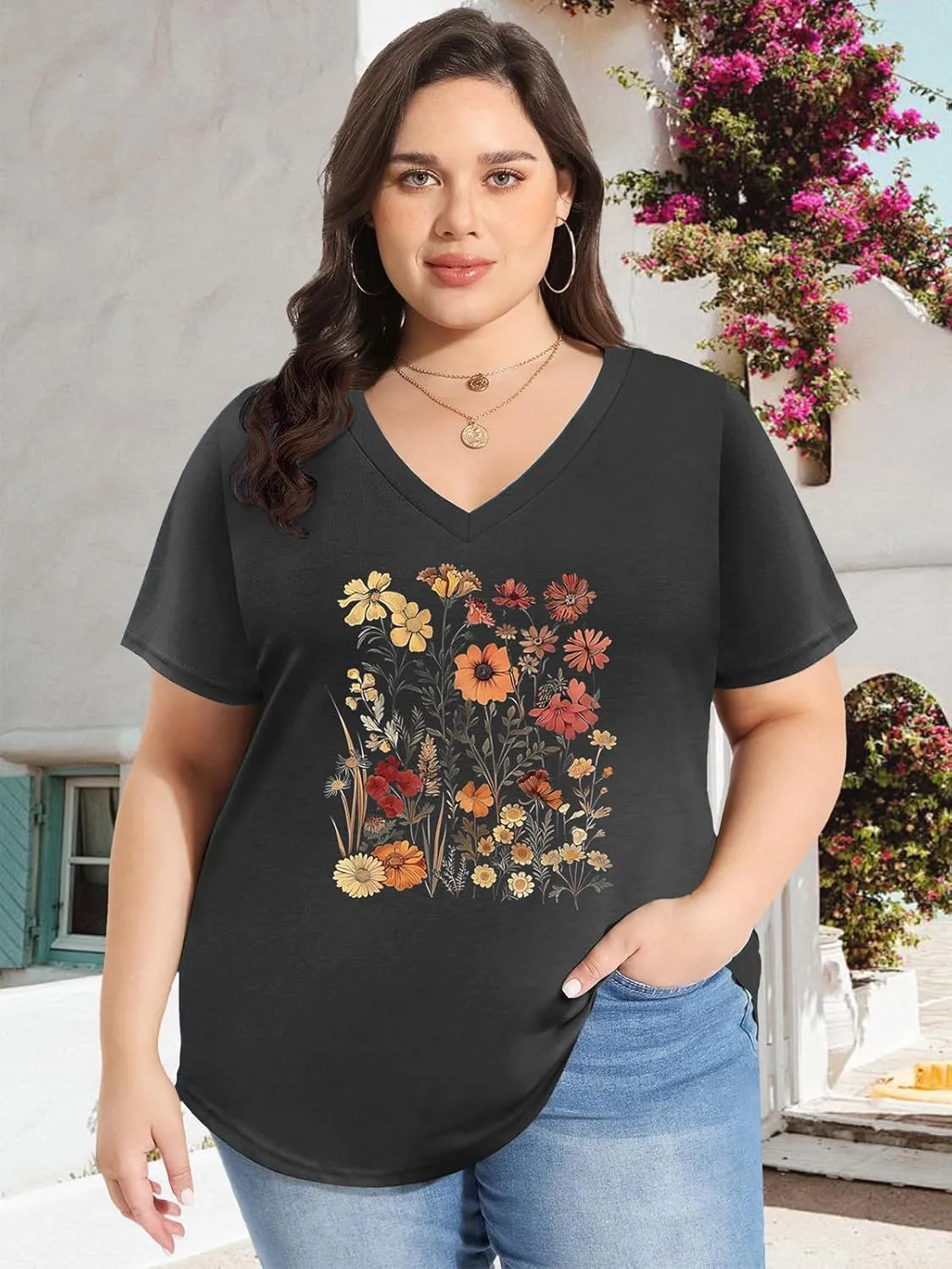 Womens Plus Size Tops Boho Floral Short Sleeve V Neck T-Shirt Casual Summer Wildflower Graphic Tees