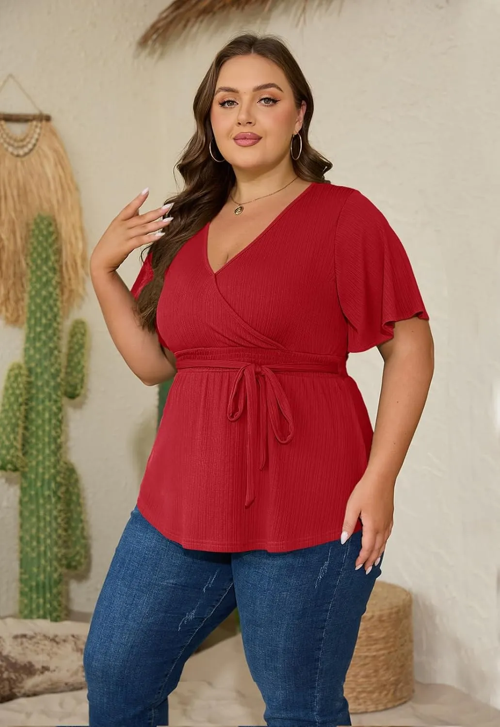 Womens Plus Size Tops V Neck Shirts Short Sleeve Tunic Tie Waist Shirred Peplum Casual Blouses