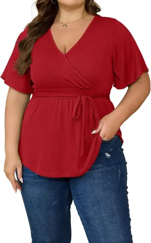 Womens Plus Size Tops V Neck Shirts Short Sleeve Tunic Tie Waist Shirred Peplum Casual Blouses