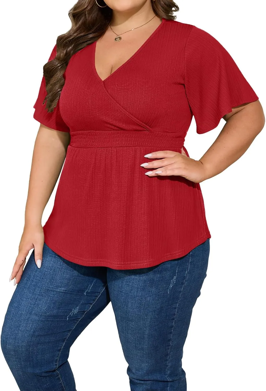 Womens Plus Size Tops V Neck Shirts Short Sleeve Tunic Tie Waist Shirred Peplum Casual Blouses