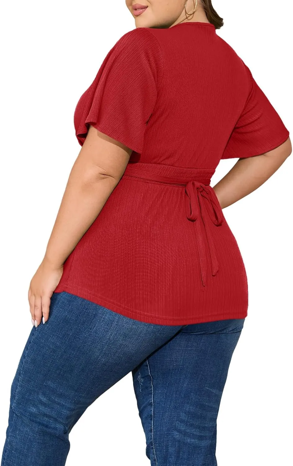 Womens Plus Size Tops V Neck Shirts Short Sleeve Tunic Tie Waist Shirred Peplum Casual Blouses