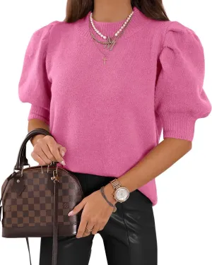 Women's Puff Short Sleeve Sweater Tops 2025 Spring Summer Trendy Crew Neck Casual T Shirts Blouses