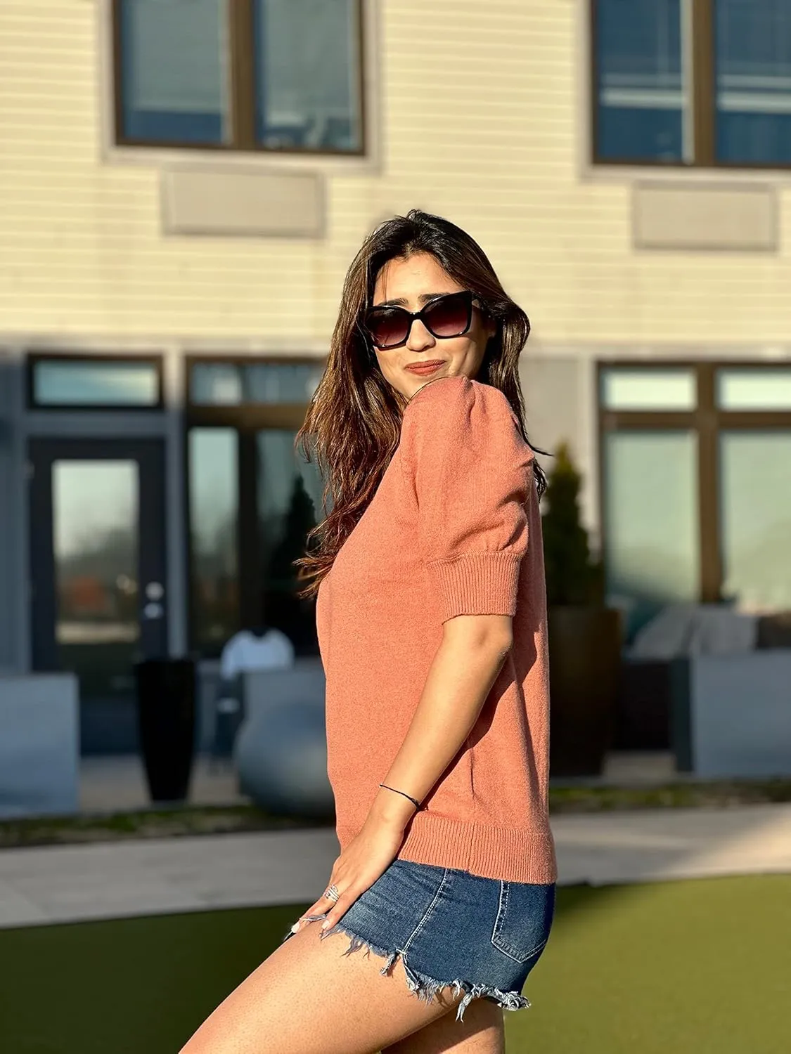 Women's Puff Short Sleeve Sweater Tops 2025 Spring Summer Trendy Crew Neck Casual T Shirts Blouses