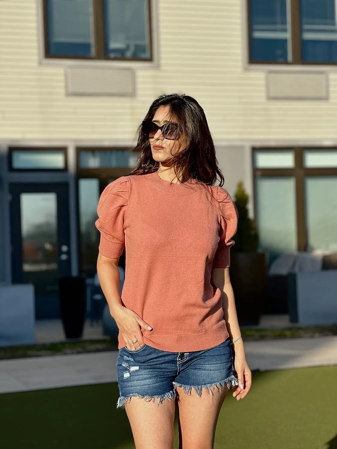 Women's Puff Short Sleeve Sweater Tops 2025 Spring Summer Trendy Crew Neck Casual T Shirts Blouses