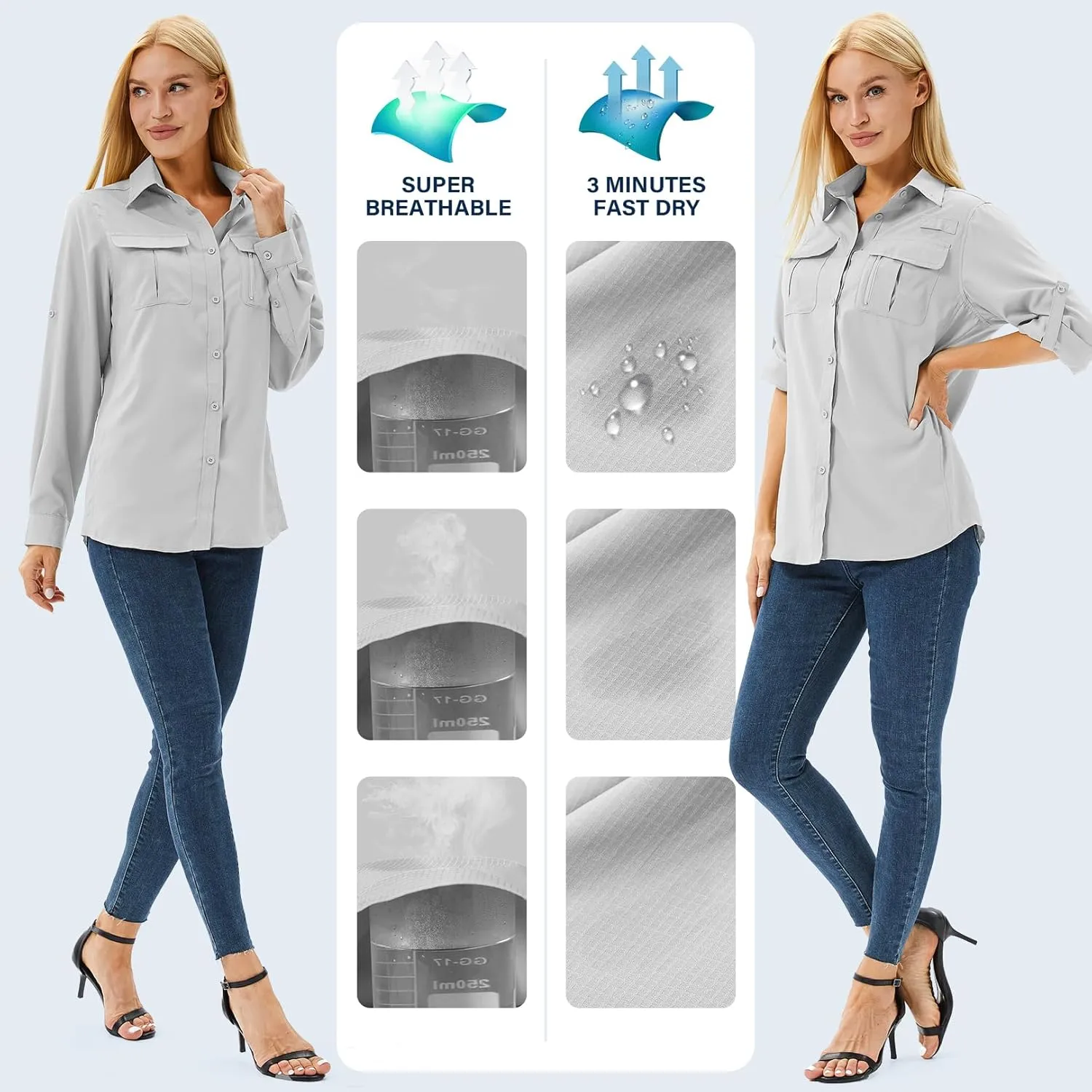Women's Safari Shirts Long Sleeve Hiking Fishing UV Sun Protection UPF 50 ,Quick Dry SPF Breathable Shirts