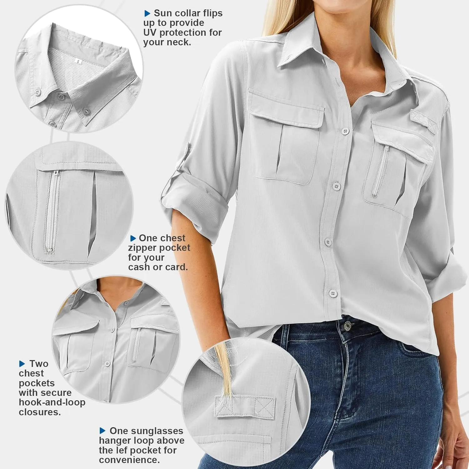 Women's Safari Shirts Long Sleeve Hiking Fishing UV Sun Protection UPF 50 ,Quick Dry SPF Breathable Shirts