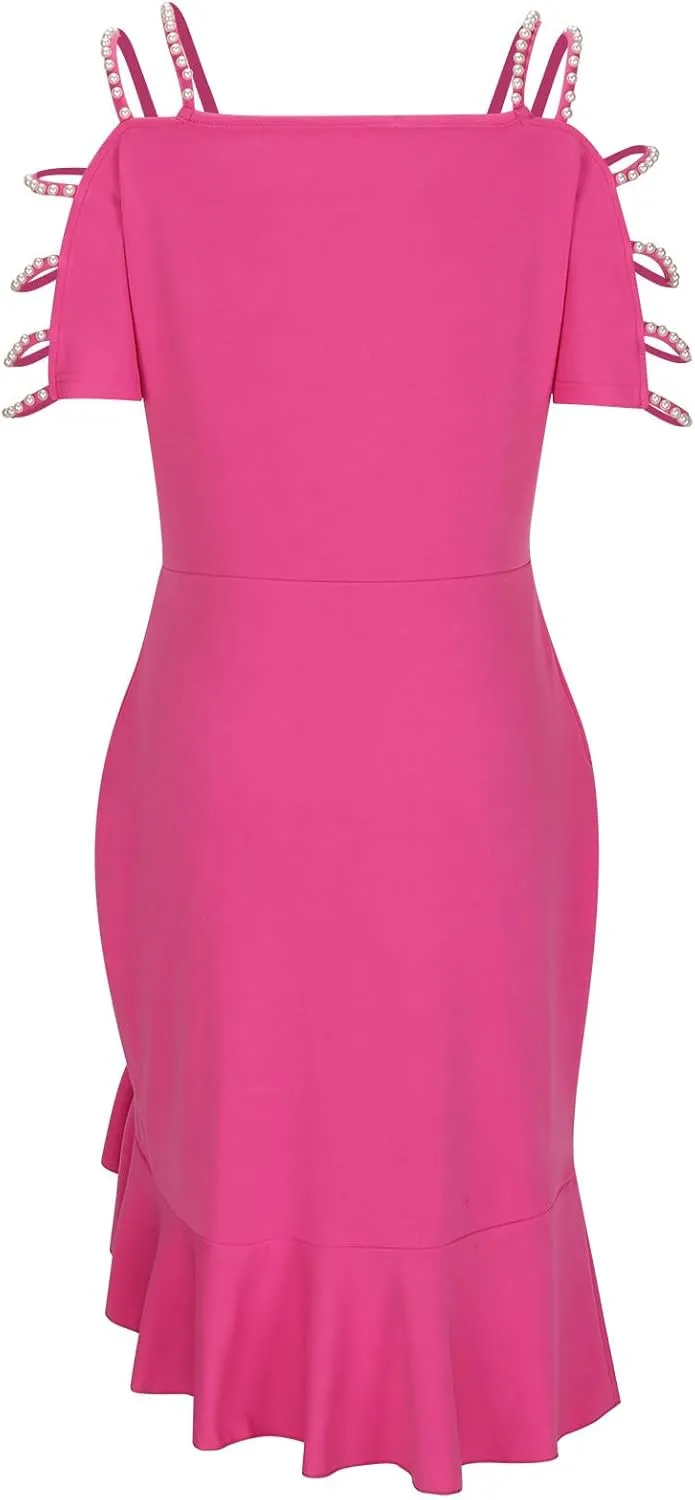 Women's Sexy Ruched Bodycon Midi Dresses Elegant Cutout Peal Sleeve Backless Ruffle Hem Cocktail Party Tank Dress