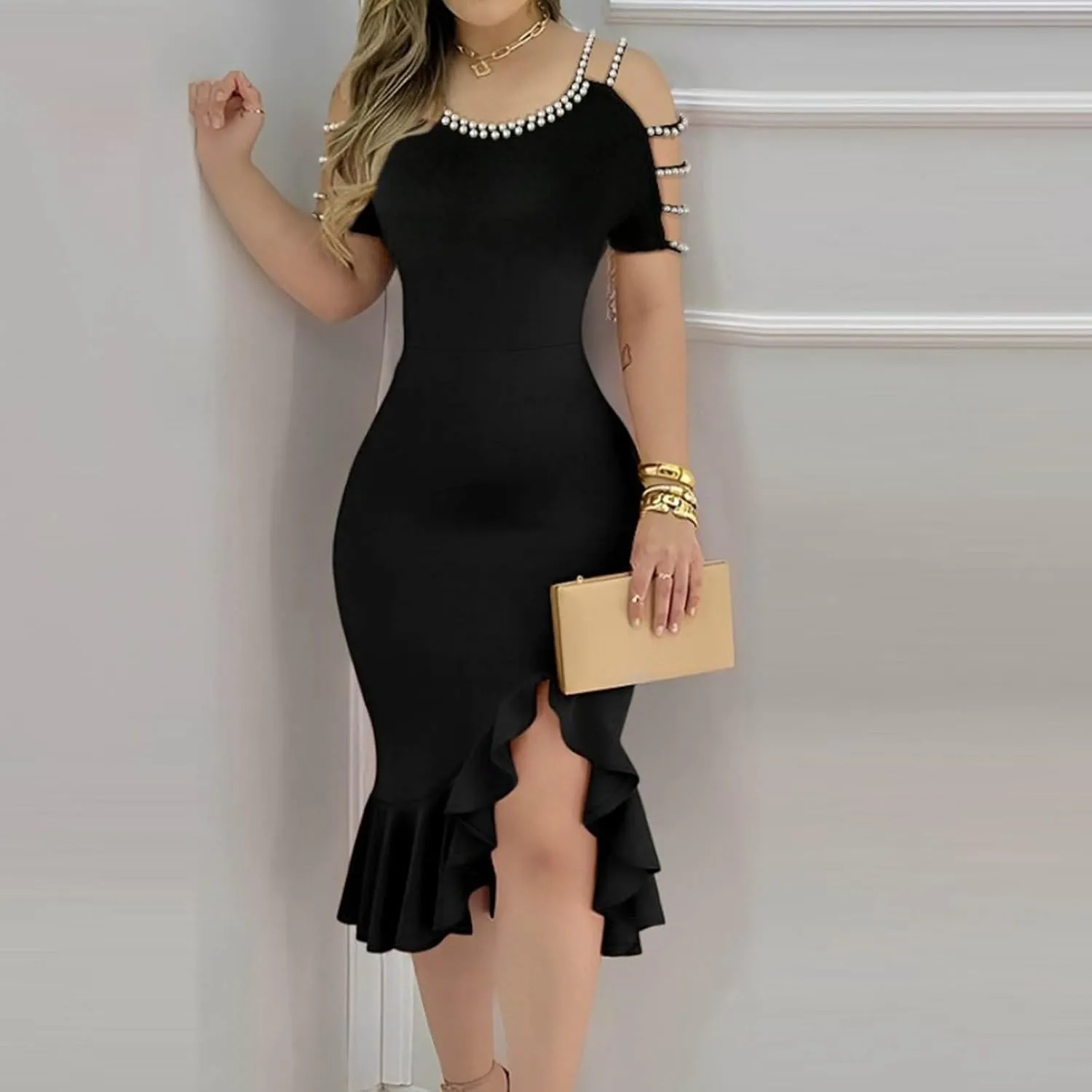 Women's Sexy Ruched Bodycon Midi Dresses Elegant Cutout Peal Sleeve Backless Ruffle Hem Cocktail Party Tank Dress