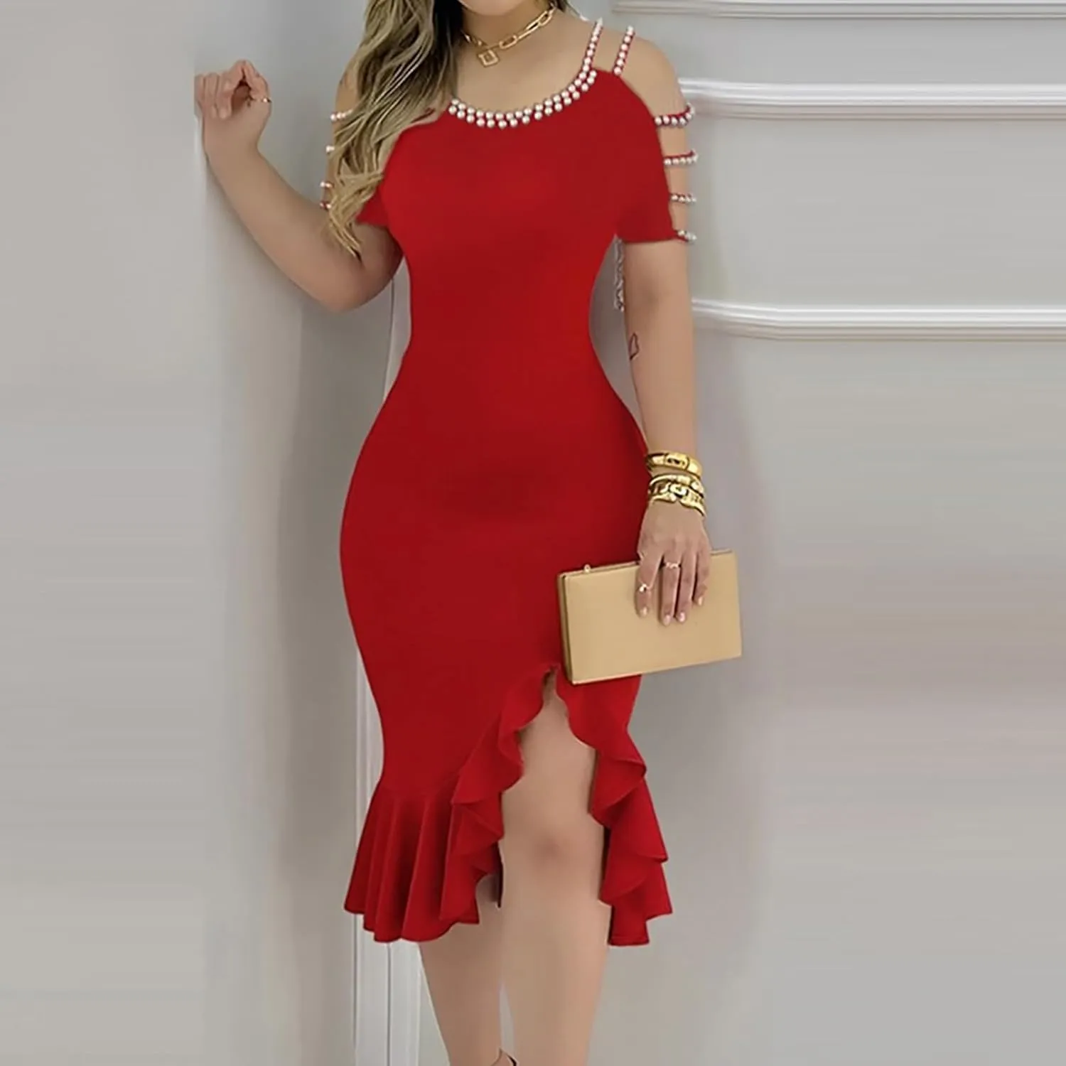 Women's Sexy Ruched Bodycon Midi Dresses Elegant Cutout Peal Sleeve Backless Ruffle Hem Cocktail Party Tank Dress