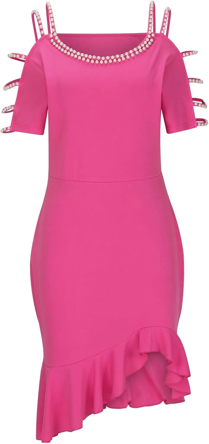 Women's Sexy Ruched Bodycon Midi Dresses Elegant Cutout Peal Sleeve Backless Ruffle Hem Cocktail Party Tank Dress