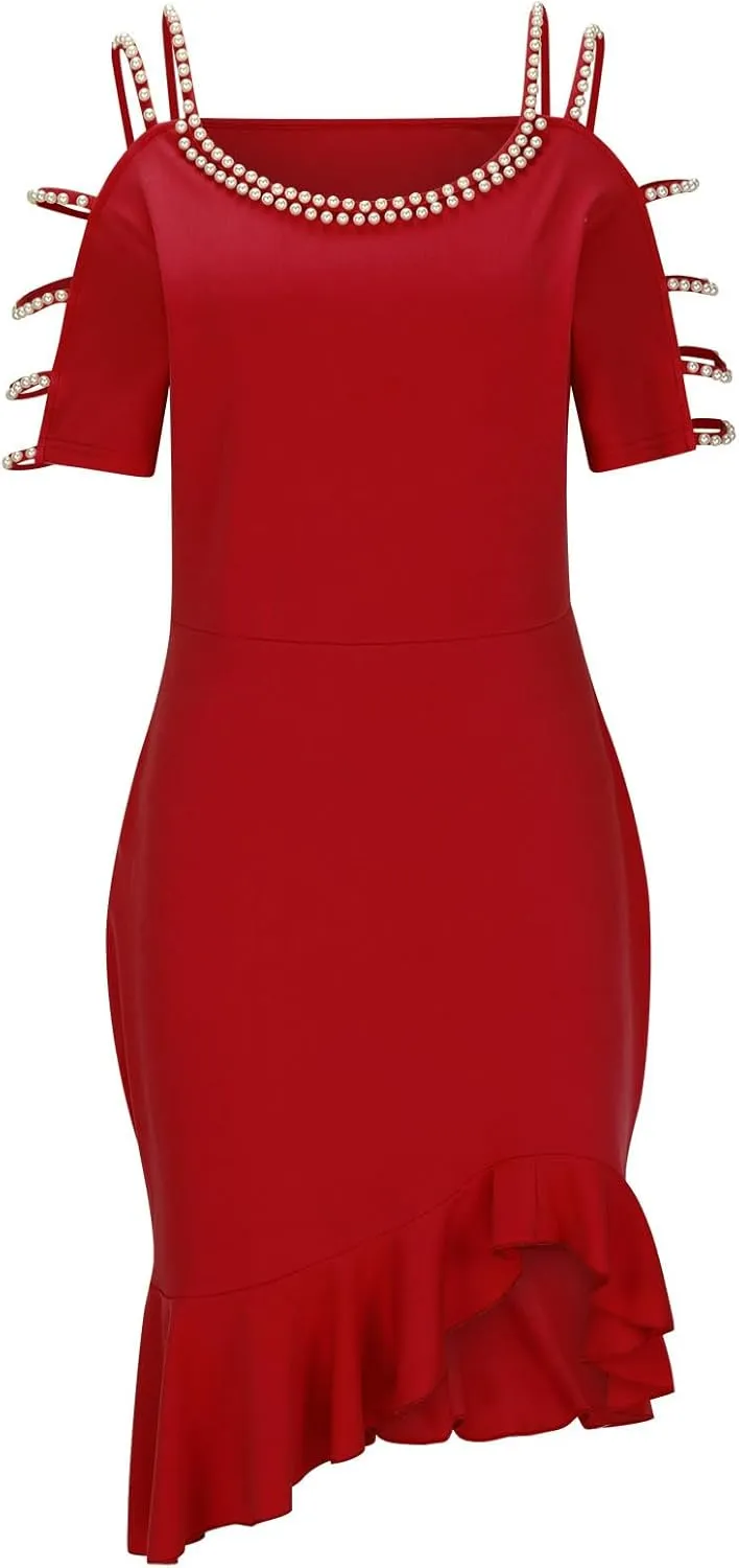 Women's Sexy Ruched Bodycon Midi Dresses Elegant Cutout Peal Sleeve Backless Ruffle Hem Cocktail Party Tank Dress