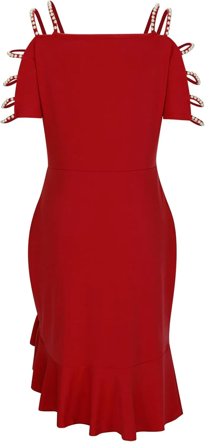 Women's Sexy Ruched Bodycon Midi Dresses Elegant Cutout Peal Sleeve Backless Ruffle Hem Cocktail Party Tank Dress