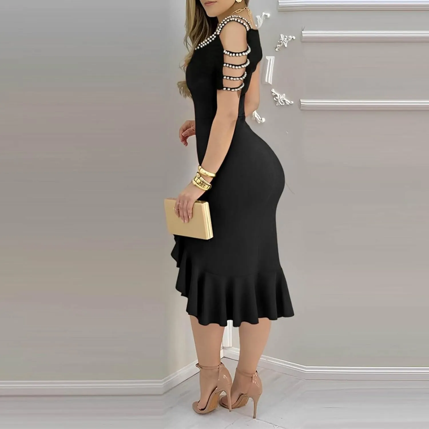 Women's Sexy Ruched Bodycon Midi Dresses Elegant Cutout Peal Sleeve Backless Ruffle Hem Cocktail Party Tank Dress