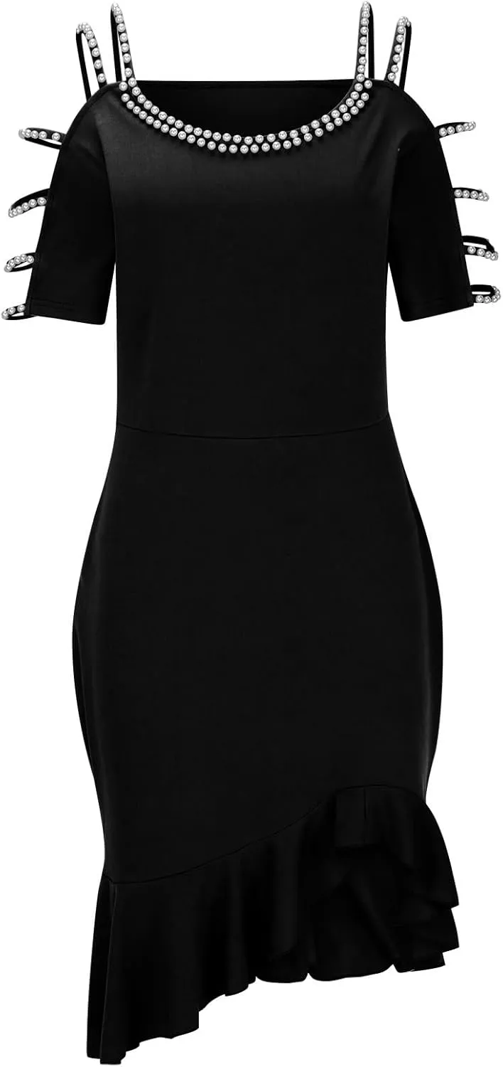 Women's Sexy Ruched Bodycon Midi Dresses Elegant Cutout Peal Sleeve Backless Ruffle Hem Cocktail Party Tank Dress