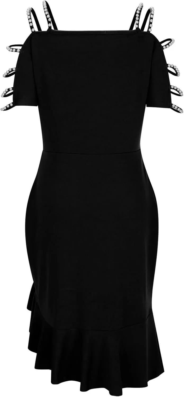 Women's Sexy Ruched Bodycon Midi Dresses Elegant Cutout Peal Sleeve Backless Ruffle Hem Cocktail Party Tank Dress